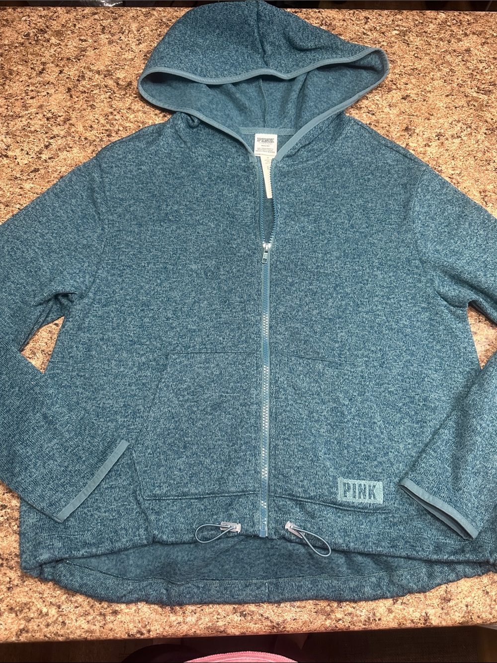 NWT PINK Victoria's Secret Heathered Teal Full‑Zip Hooded Sweatshirt Medium